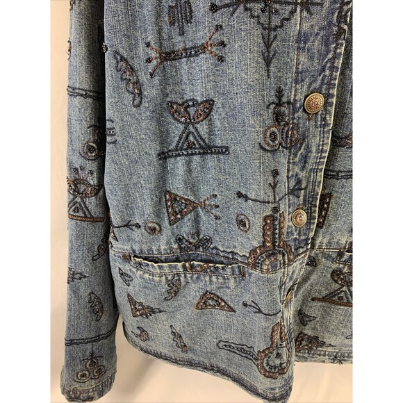 Chico's Design Silk Lining, Embroidered & Beaded Blue Jean Jacket Women 2 /M - Picture 7 of 16